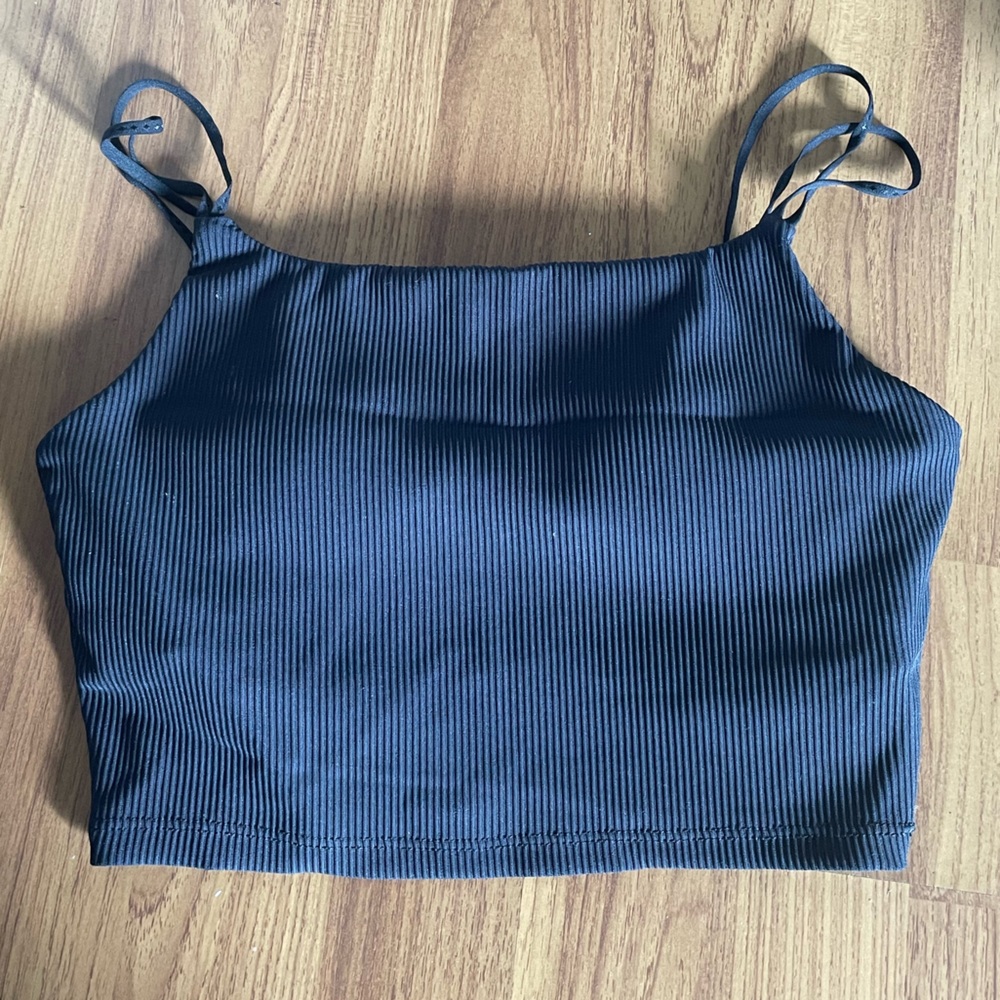 Cotton on body black rib strappy crop top with hidden sport bra black size xs